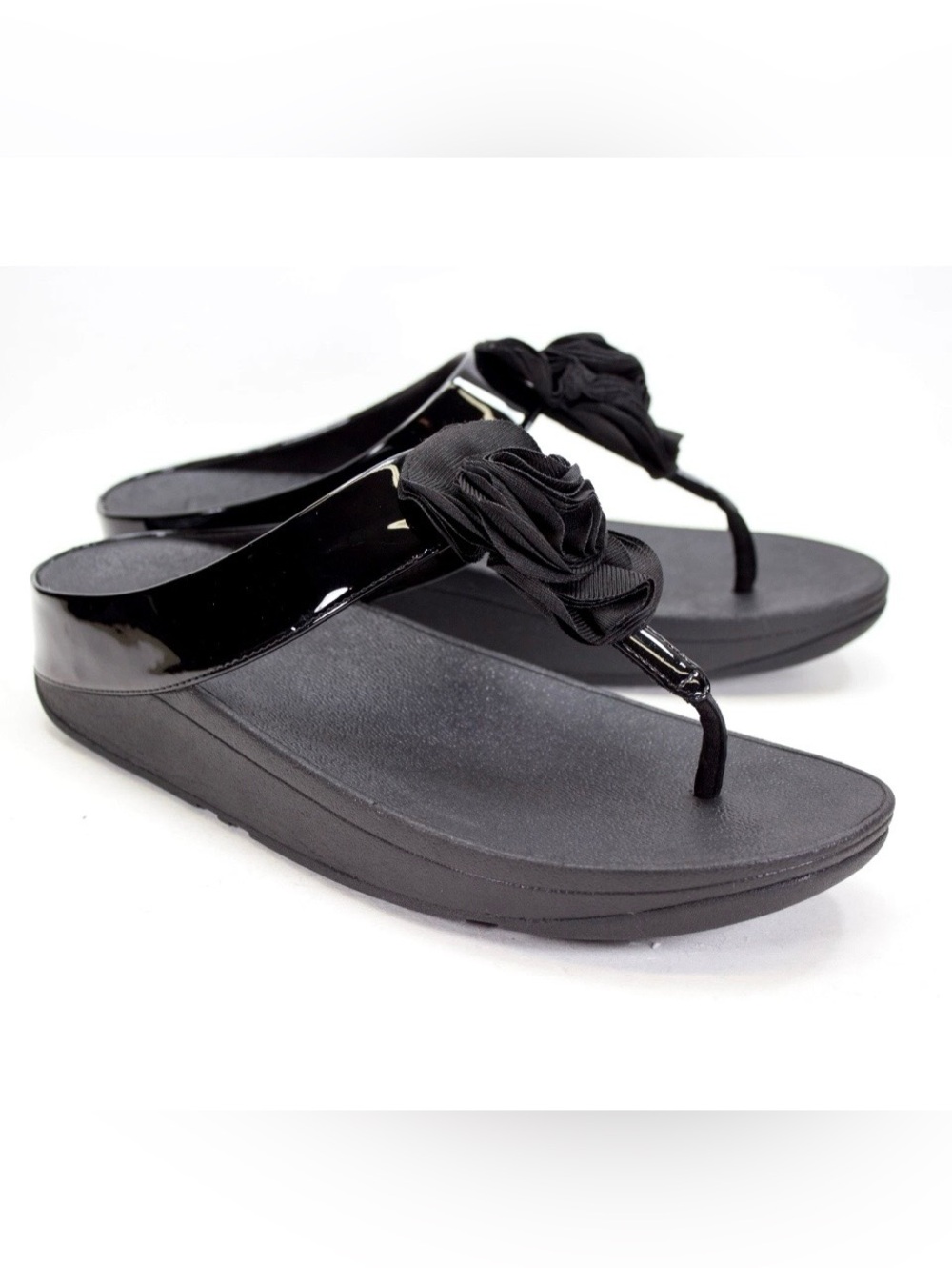 FitFlop Florrie Toe Post Womens Size US 11 Black Patent Orthopedic Thong Sandals